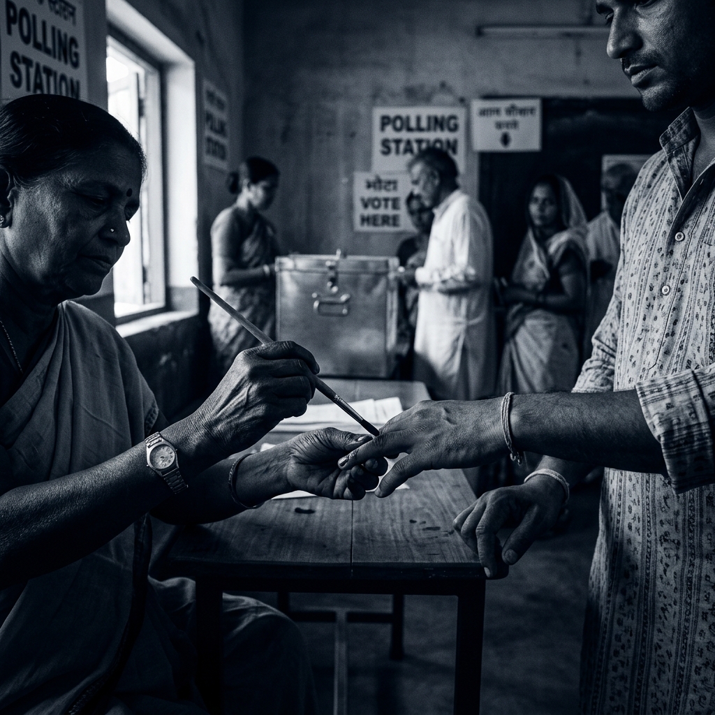 Citizen finger marked with indelible electoral voting ink